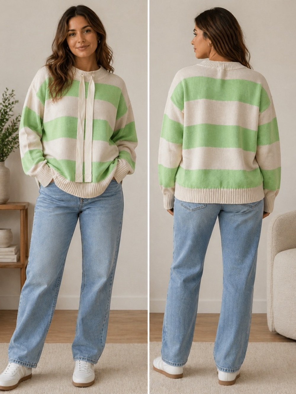 Free People Striped Cozy Crewneck Sweater - Green & Cream cotton
